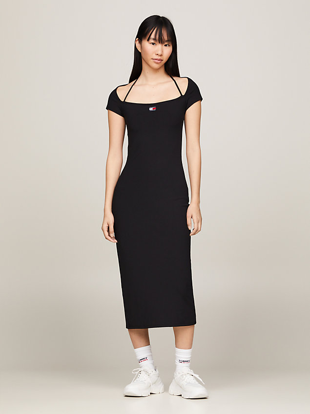black tommy badge bodycon ribbed midi dress for women tommy jeans