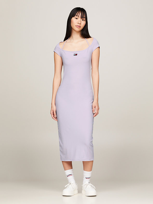 purple tommy badge bodycon ribbed midi dress for women tommy jeans
