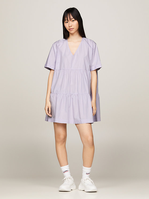 purple tiered a-line v-neck mini dress for women tommy jeans