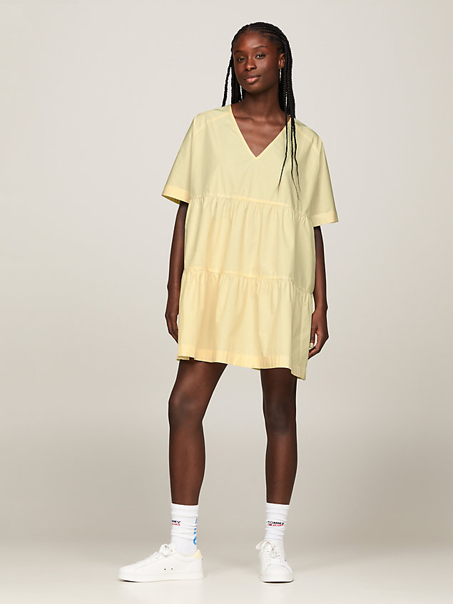 yellow tiered a-line v-neck mini dress for women tommy jeans