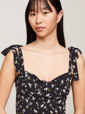 black midikleid mit rüschen und blumen-print für damen - tommy jeans
