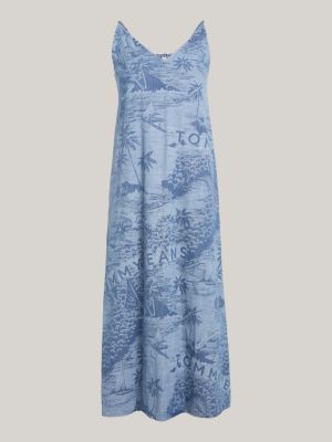 maxi abito hawaiano in chambray senza maniche blu da donne tommy jeans