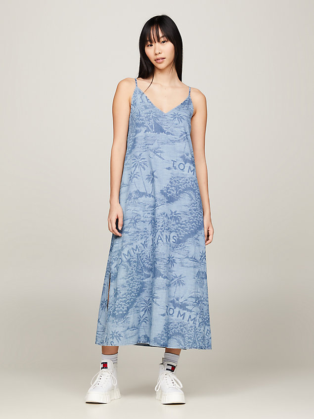 blue hawaiian print chambray sleeveless maxi dress for women tommy jeans