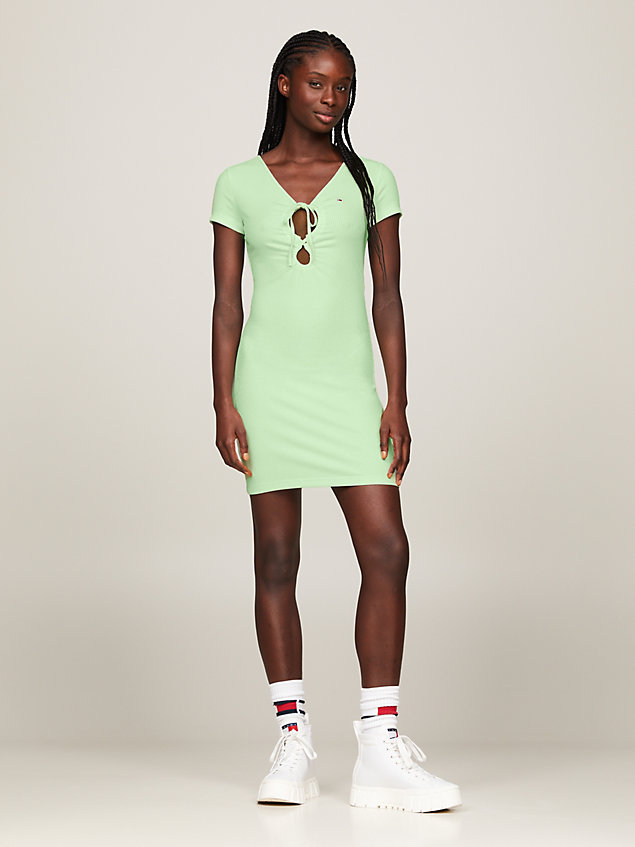 green ribbed cutout bodycon dress for women tommy jeans