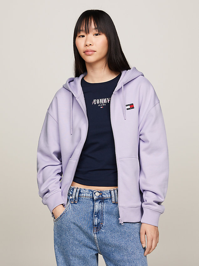 purple relaxed fit hoodie met rits en tommy-badge voor dames - tommy jeans