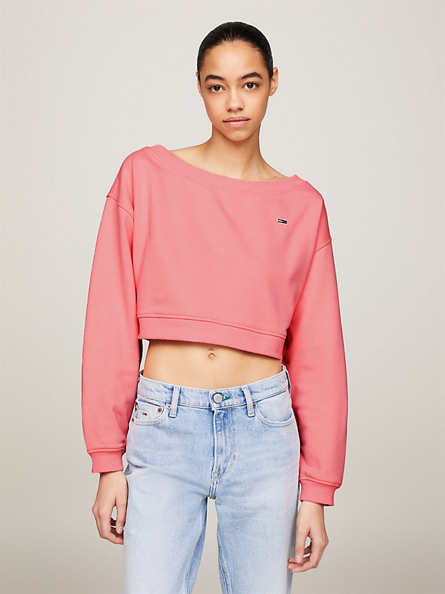 pink krótki sweter essential z dekoltem w łódkę dla kobiety - tommy jeans