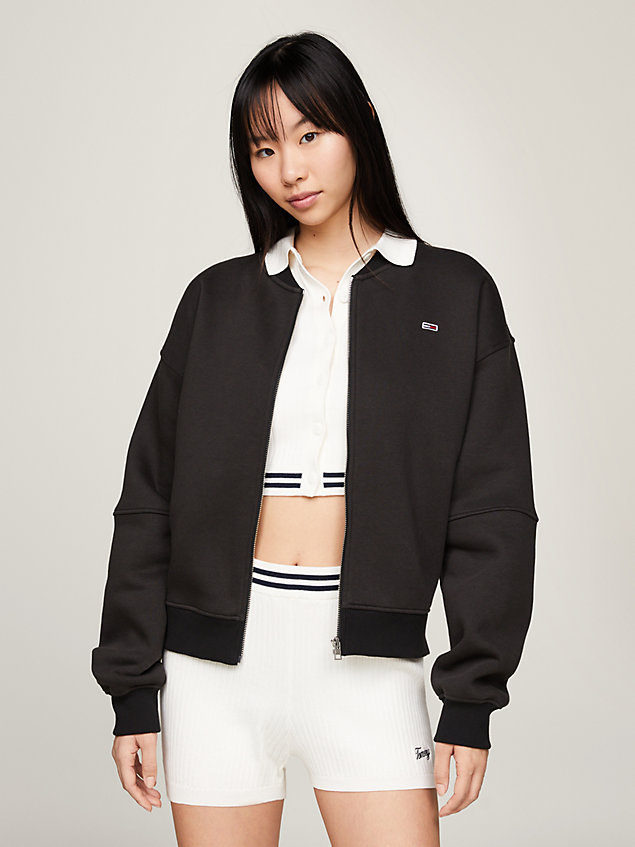 black essential zip-thru relaxed bomber jacket for women tommy jeans