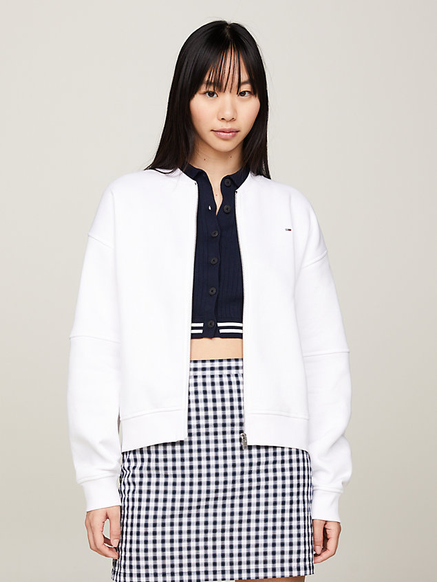 white essential zip-thru relaxed bomber jacket for women tommy jeans