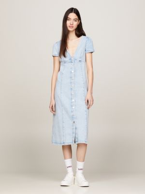 Tommy Jeans Curve DUNGAREE DRESS MIDI - Denimkjoler - blue denim