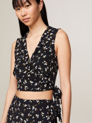 black floral print ruffle wrap crop top for women tommy jeans