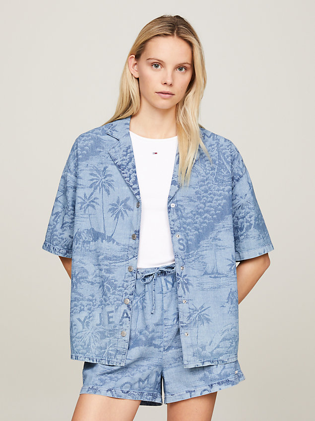 blue oversized chambray overhemd met hawaï-print voor dames - tommy jeans
