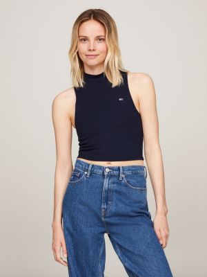 canotta crop con collo a lupetto blu da donne tommy jeans