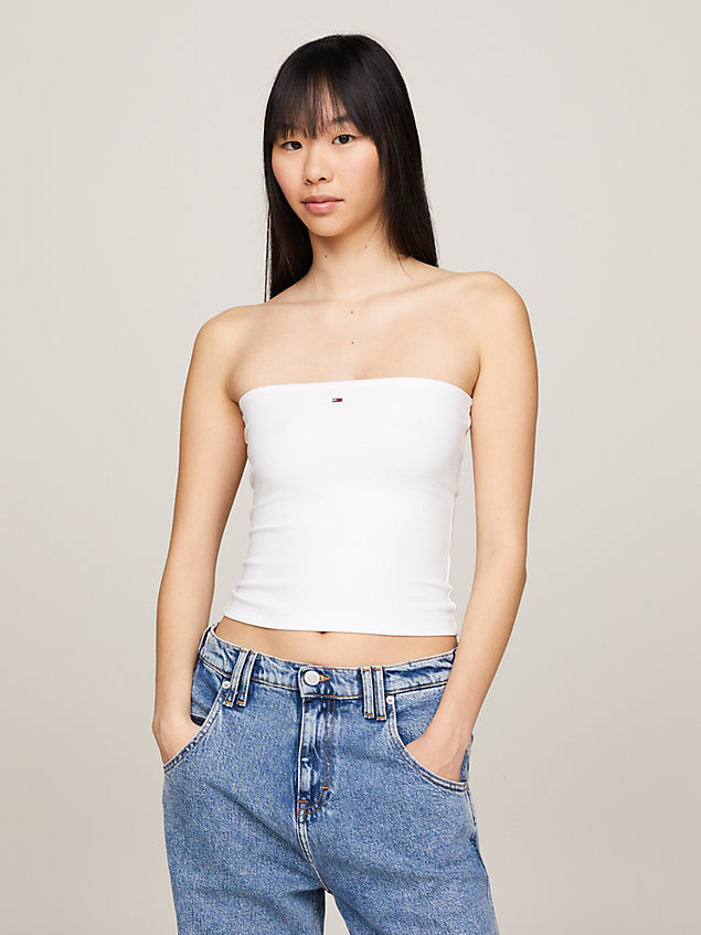 white essential flag patch slim fit tube top for women tommy jeans