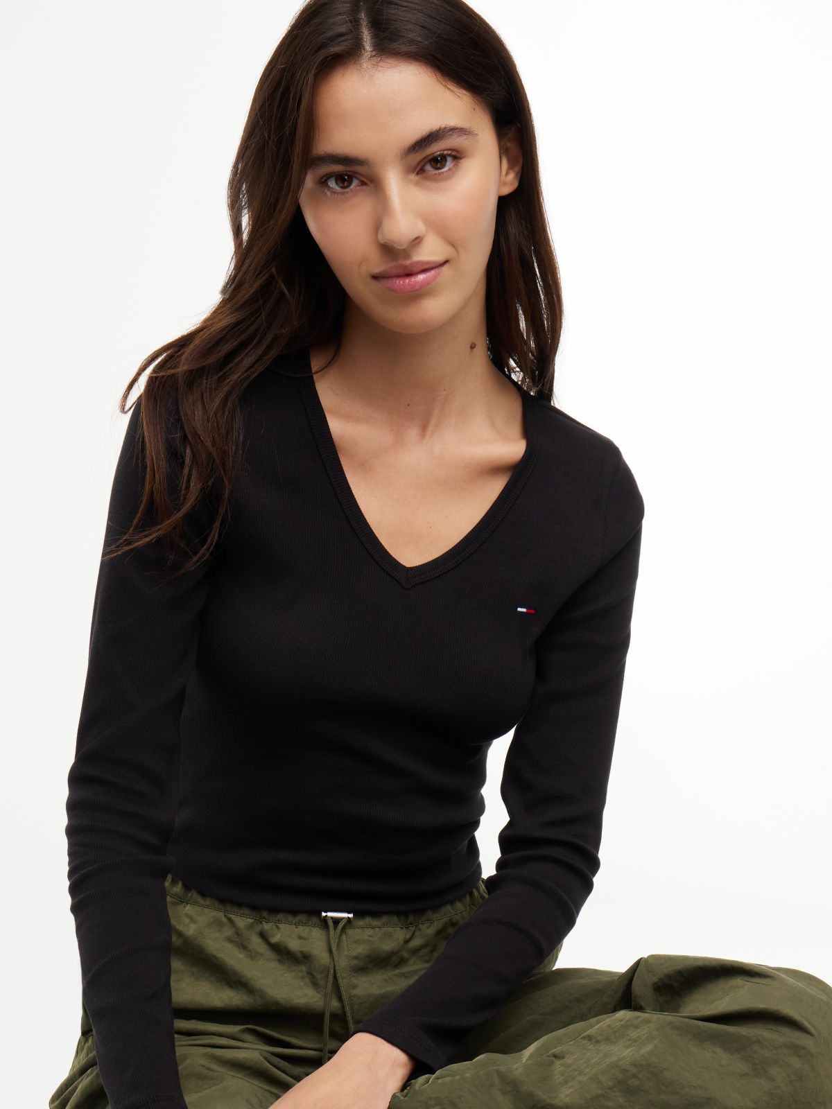 Slim V-Neck Long Sleeve T-Shirt — Black