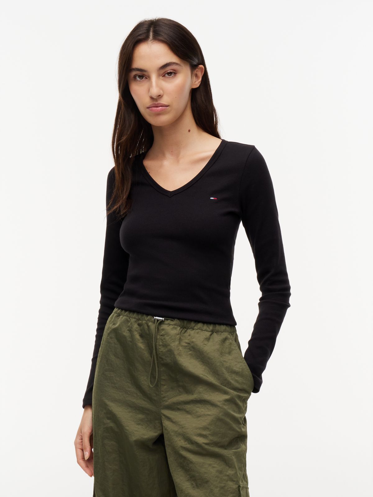 Slim V-Neck Long Sleeve T-Shirt — Black