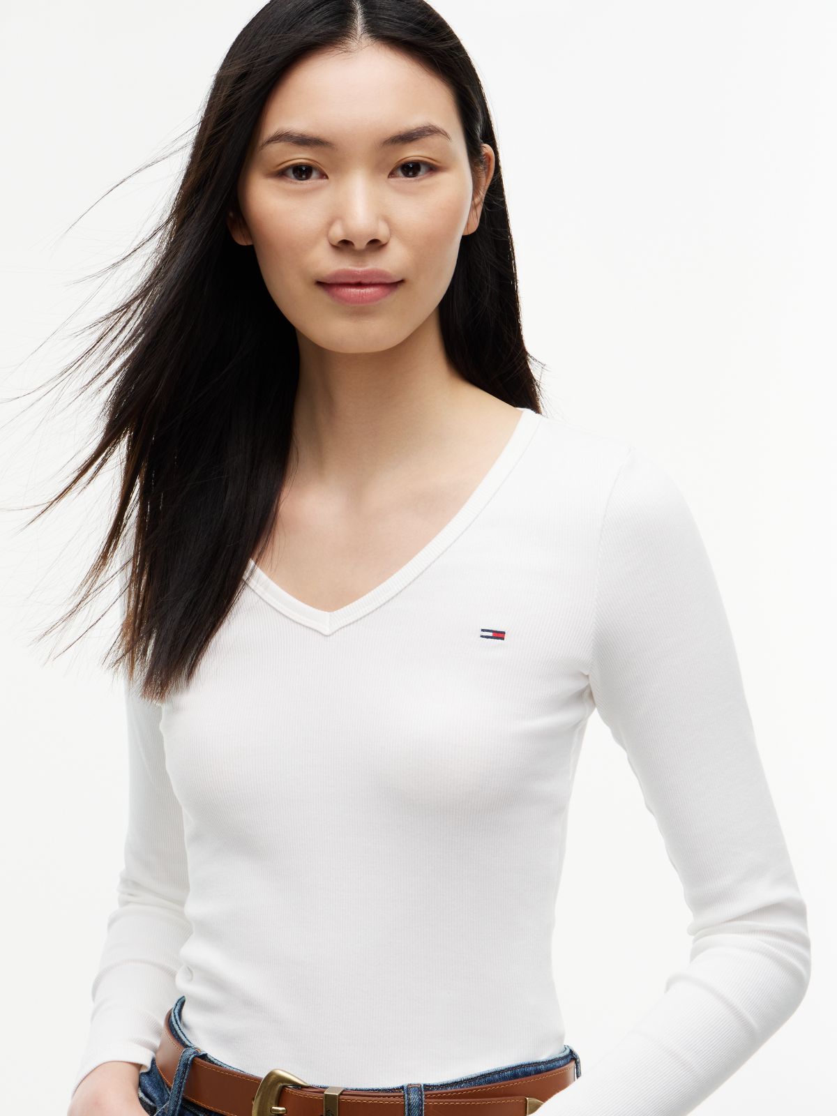 Slim V-Neck Long Sleeve T-Shirt — White