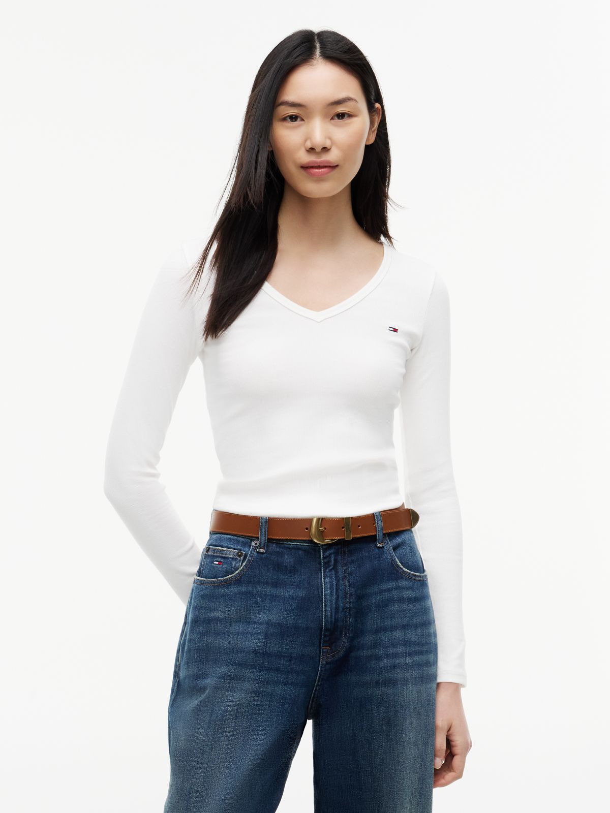 Slim V-Neck Long Sleeve T-Shirt — White