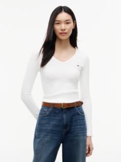 Slim V-Neck Long Sleeve T-Shirt — White 1