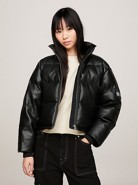 black tommy remastered tonal colour-blocked alaska cropped puffer jacket for women tommy jeans