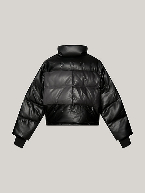 black tommy remastered tonal colour-blocked alaska cropped puffer jacket for women tommy jeans