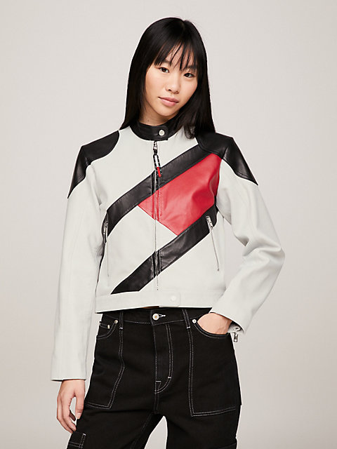 multi tommy remastered leather colour-blocked biker jacket for women tommy jeans