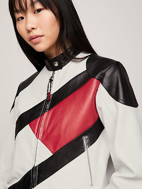 multi tommy remastered leather colour-blocked biker jacket for women tommy jeans