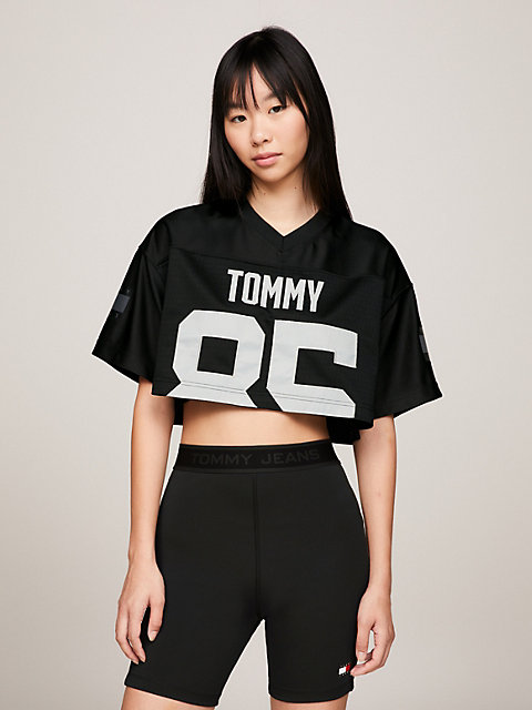 black tommy remastered oversized cropped fit logo-t-shirt für damen - tommy jeans