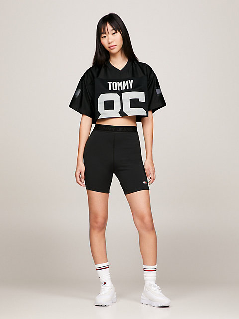 black tommy remastered oversized cropped fit logo-t-shirt für damen - tommy jeans