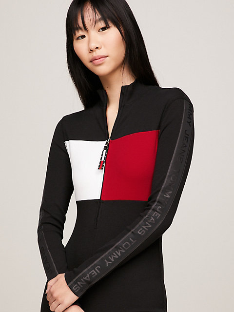 black tommy remastered colour-blocked ribbed long sleeve bodysuit for women tommy jeans