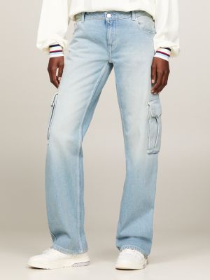 blue straight distressed cargo jeans for women tommy jeans