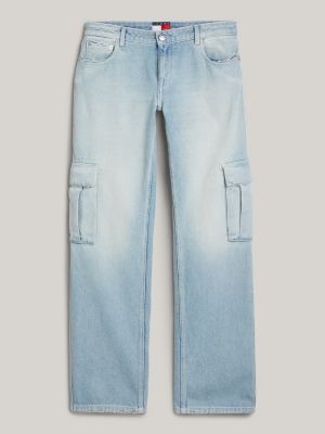 blue straight distressed cargo jeans for women tommy jeans