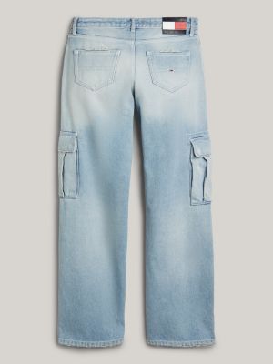 blue straight distressed cargo jeans for women tommy jeans