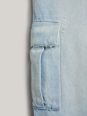 blue straight distressed cargo jeans for women tommy jeans