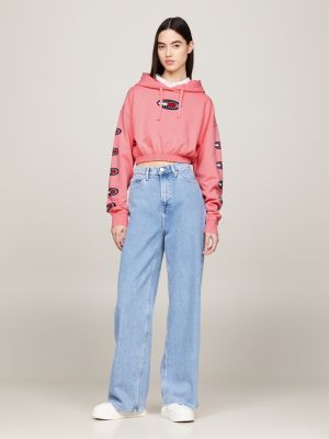 felpa archive crop con cappuccio e patch logo rosa da donne tommy jeans