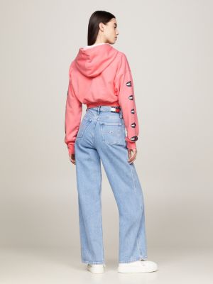 felpa archive crop con cappuccio e patch logo rosa da donne tommy jeans