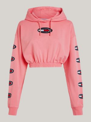 felpa archive crop con cappuccio e patch logo rosa da donne tommy jeans