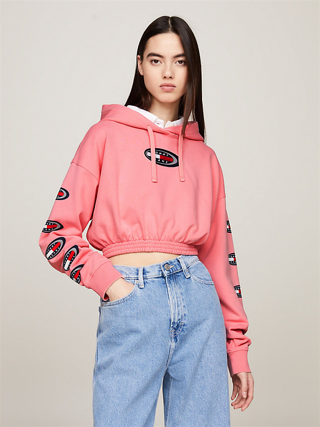 pink archive logo patch cropped hoody for women tommy jeans