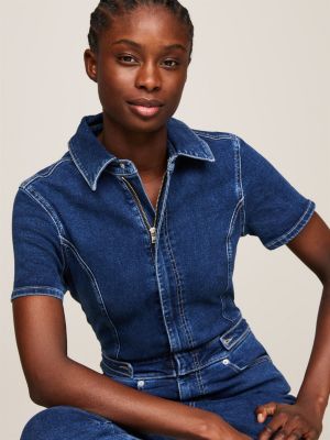 blue fitted short sleeve denim jumpsuit for women tommy jeans