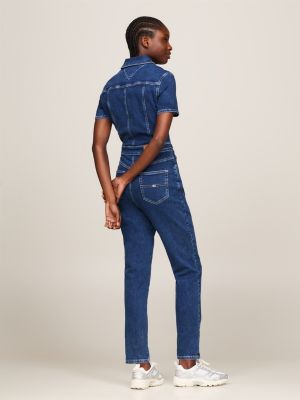 blue fitted short sleeve denim jumpsuit for women tommy jeans