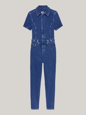 blue fitted short sleeve denim jumpsuit for women tommy jeans