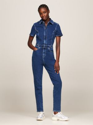 blue fitted denim jumpsuit met korte mouw voor dames - tommy jeans