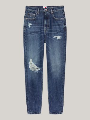 blue mom ultra high rise tapered faded distressed jeans for women tommy jeans