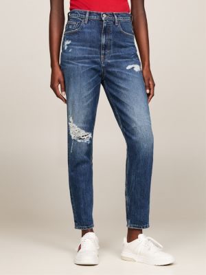 blue mom ultra high rise tapered faded distressed jeans for women tommy jeans