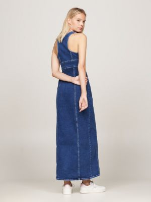 blau durchgeknöpftes slim fit maxi-jeanskleid für damen - tommy jeans