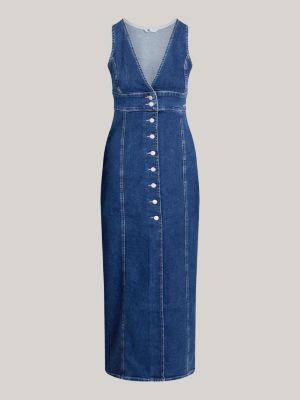 blau durchgeknöpftes slim fit maxi-jeanskleid für damen - tommy jeans