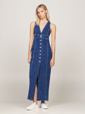 blau durchgeknöpftes slim fit maxi-jeanskleid für damen - tommy jeans