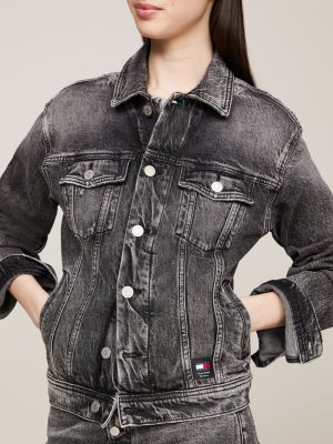 Black distressed jean jacket womens hotsell