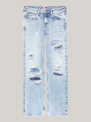 blauw sophie low rise straight jeans met distressing voor dames - tommy jeans