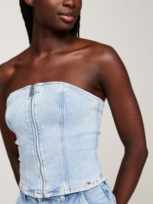 top bustier in denim con zip blu da donne tommy jeans