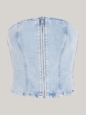 top bustier in denim con zip blu da donne tommy jeans